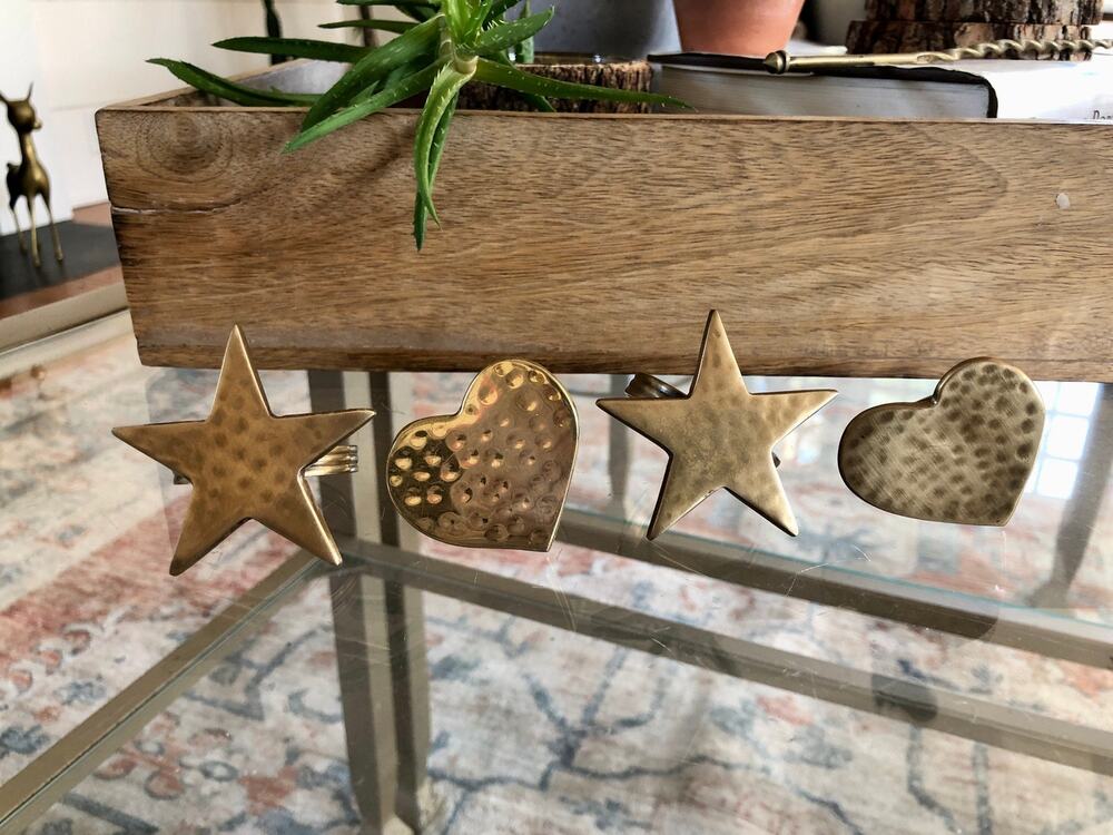 Vintage Gold Brass Hearts & Stars Napkin Rings, Solid Brass Holders, Set of 4